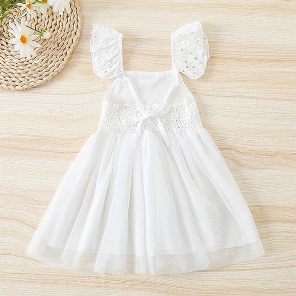 White Embroidered Eyelet Tulle Dress Little Girl Ruffle Crisscross Dress - Picture 2 of 5
